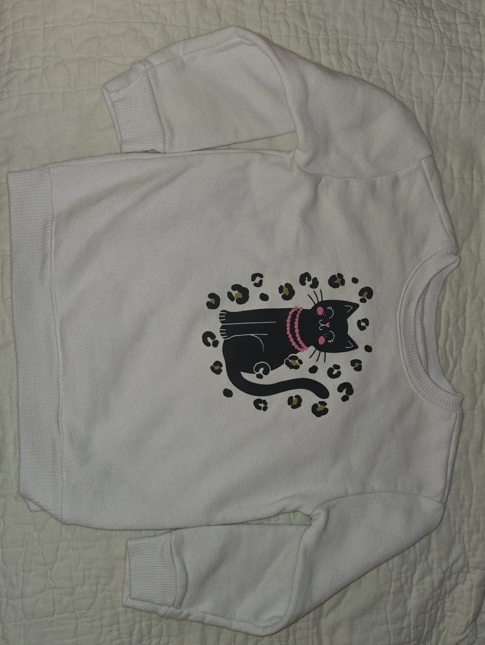 Kids White Sweatshirt with Black Cat Graphic - Cute Pink Detail